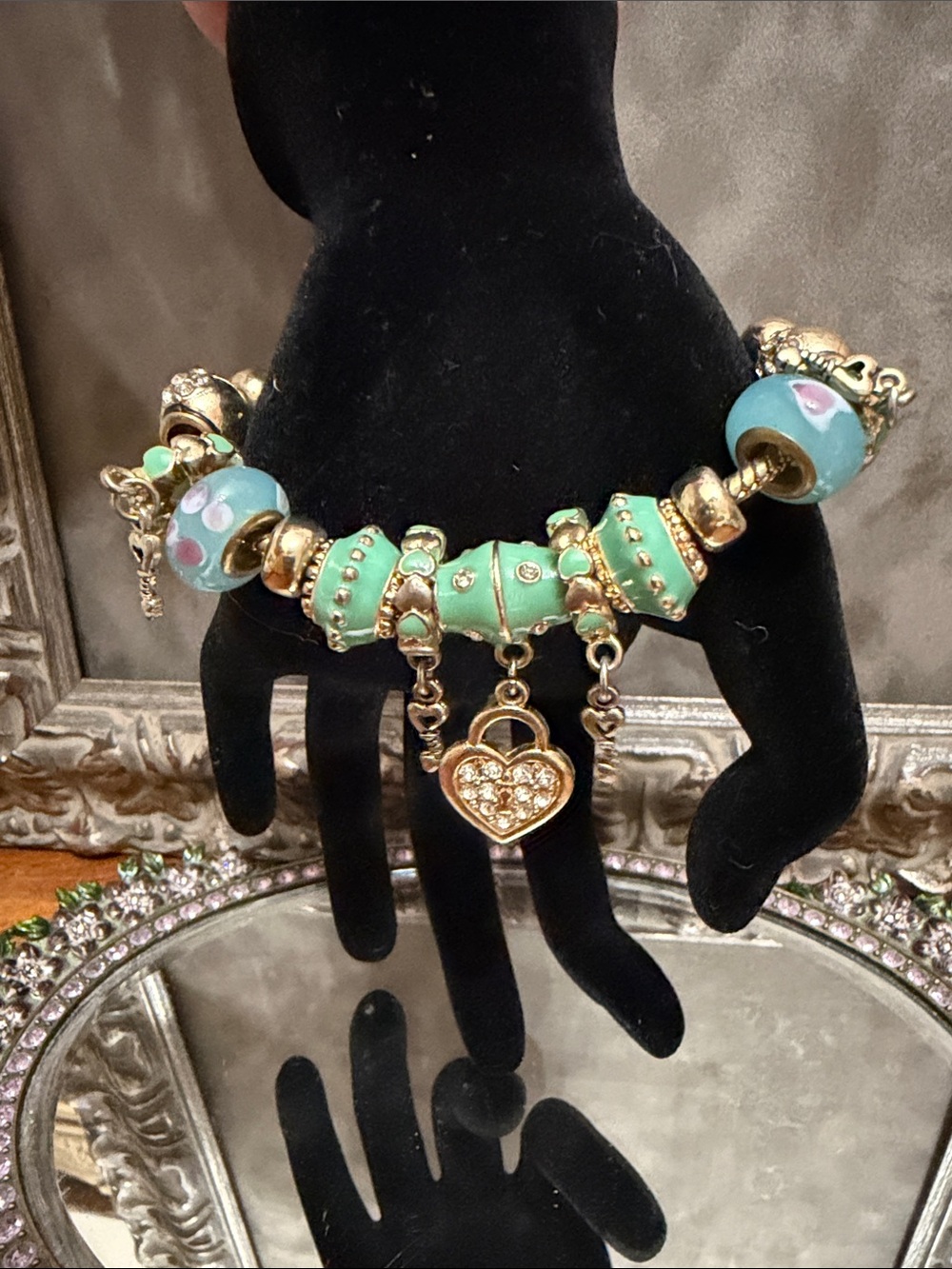 Gold & Mint Green Charm Bracelet with Heart Pendant - Women's Jewelry